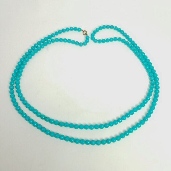 Vintage Long Blue Plastic Beaded Necklace, Retro 70s Style, Over 40 Inches Long - Picture 1 of 8